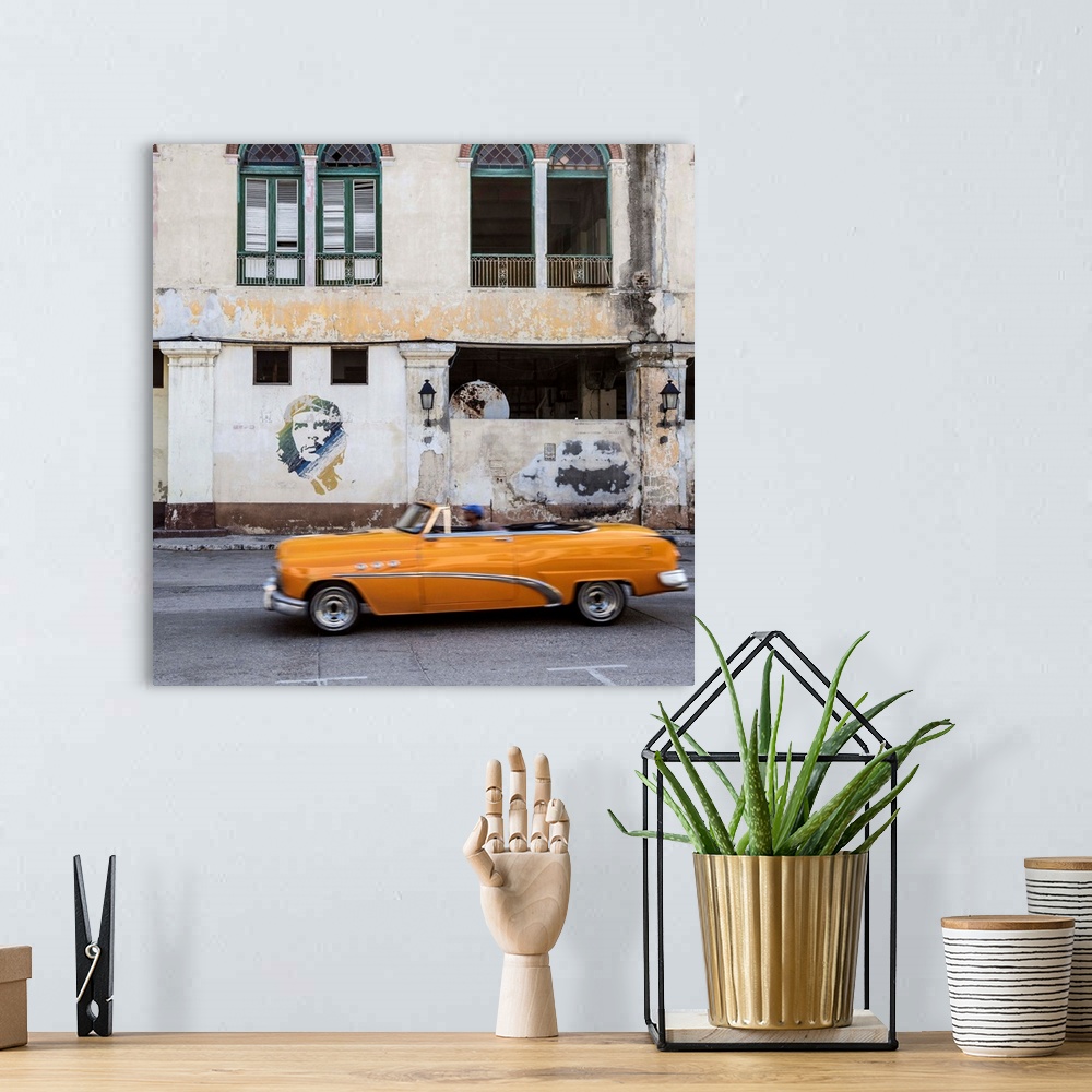 A bohemian room featuring 50's Classic American car passing a mural of Che Guevara, Habana Vieja, Havana, Cuba.