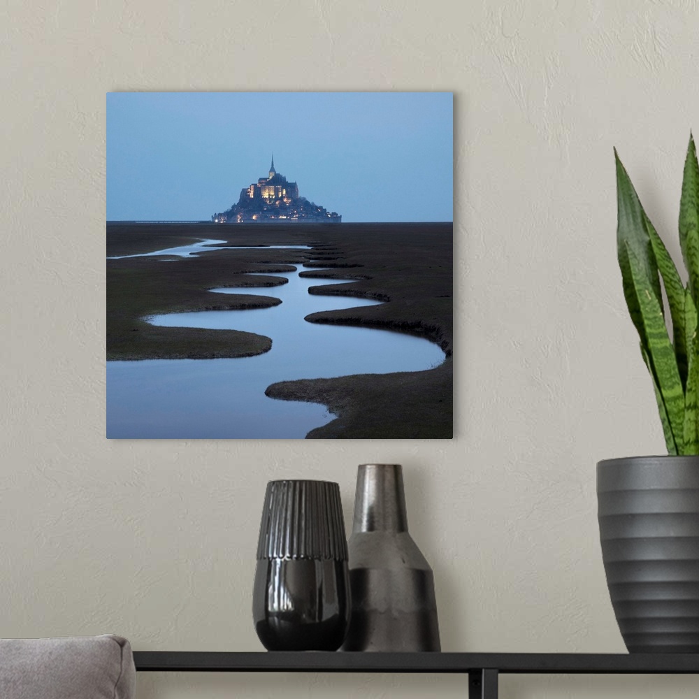 A modern room featuring A Meandering Pool And Mont Saint Michel At Night, Manche, Normandy, France