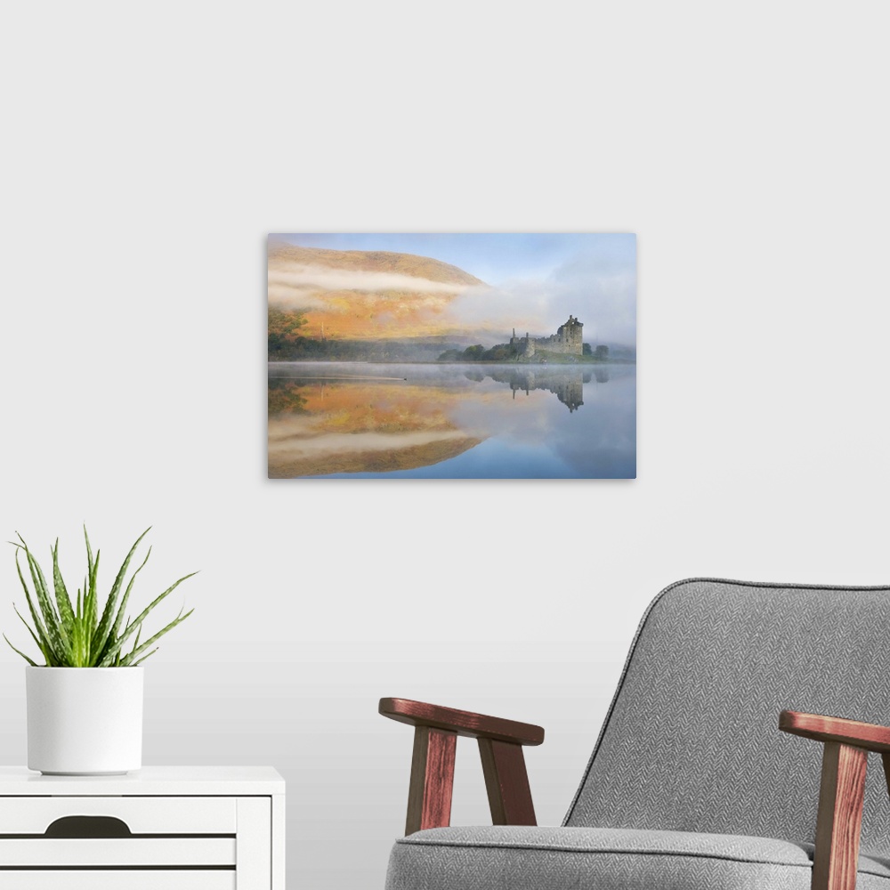 A modern room featuring A misty morning beside Loch Awe with views to Kilchurn Castle, Argyll