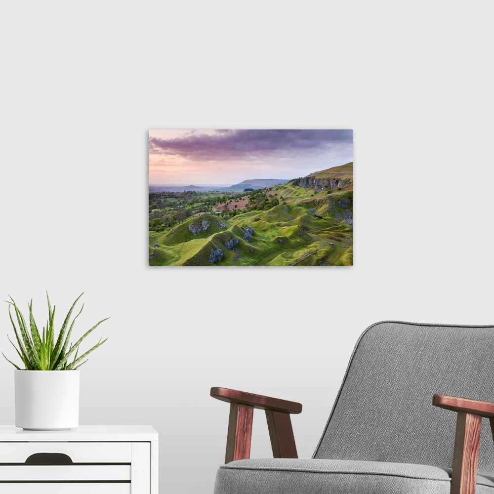 A modern room featuring Sunrise over the abandoned quarry works on the Llangattock Escarpment, Brecon Beacons National Pa...