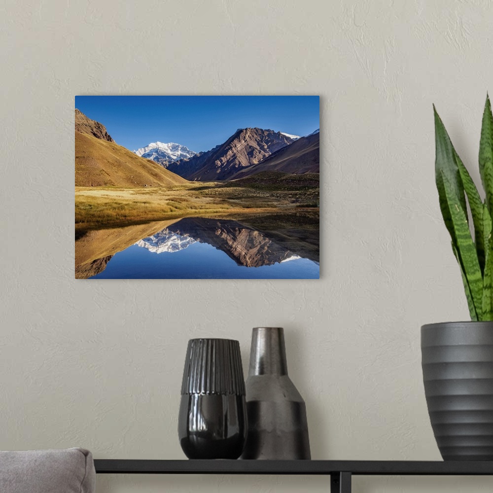 A modern room featuring Aconcagua Mountain reflecting in the Espejo Lagoon, Aconcagua Provincial Park, Central Andes, Men...