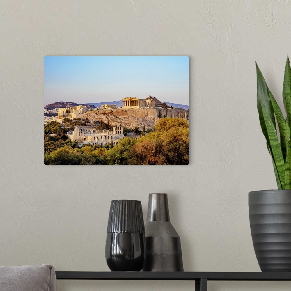 A modern room featuring Acropolis at sunset, Athens, Attica, Greece