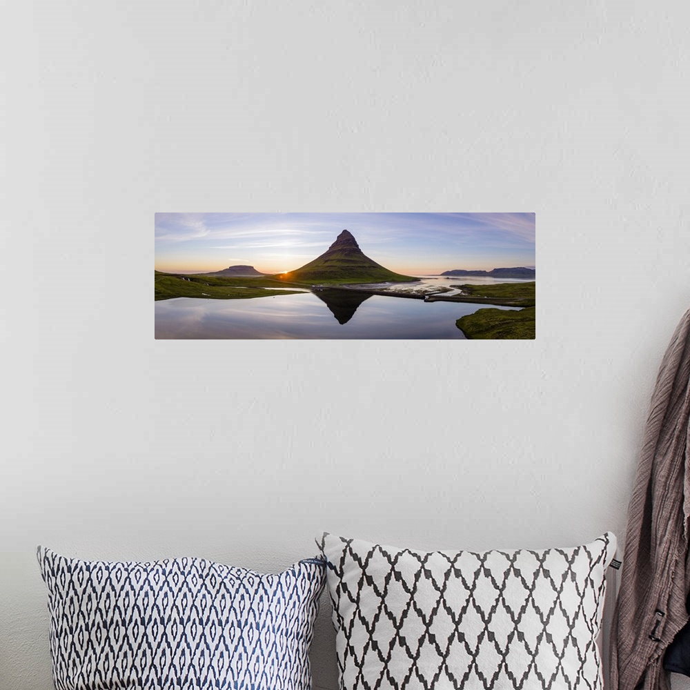 A bohemian room featuring Aerial drone view of mount Kirkjufell at sunset, Snaefellsnes peninsula, Iceland