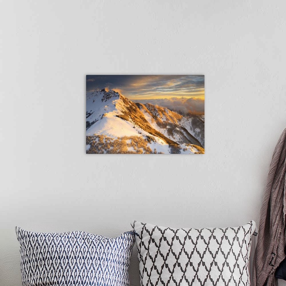 A bohemian room featuring aerial sunset in winter time taken by drone of Gendarme Mountain, Tuscan-Emilian Apennine Nationa...
