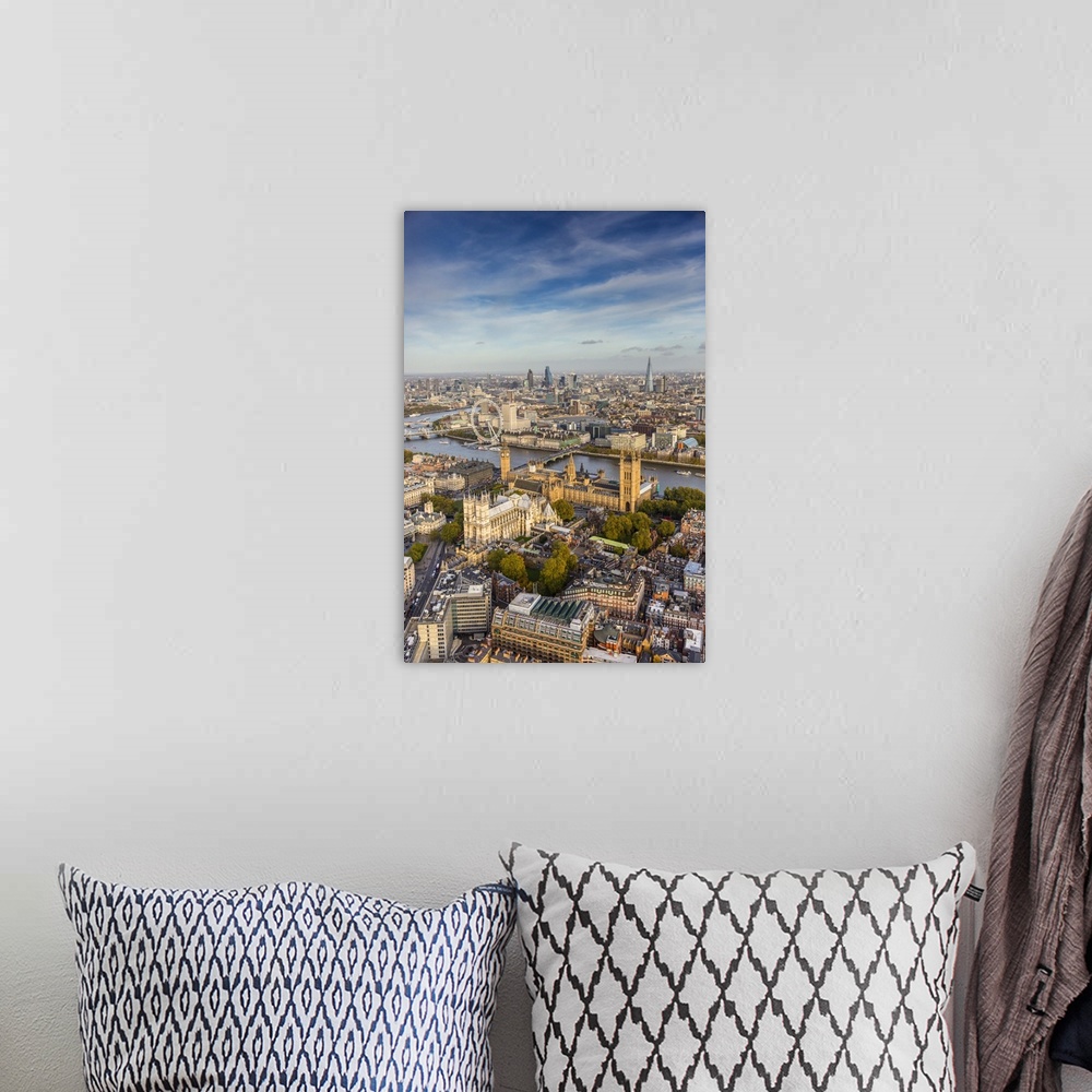 A bohemian room featuring Aerial view from helicopter, Houses of Parliament, River Thames, London, England