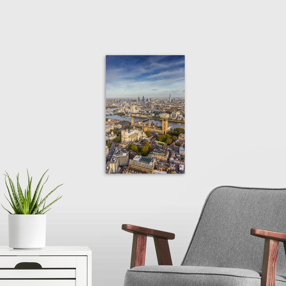 A modern room featuring Aerial view from helicopter, Houses of Parliament, River Thames, London, England