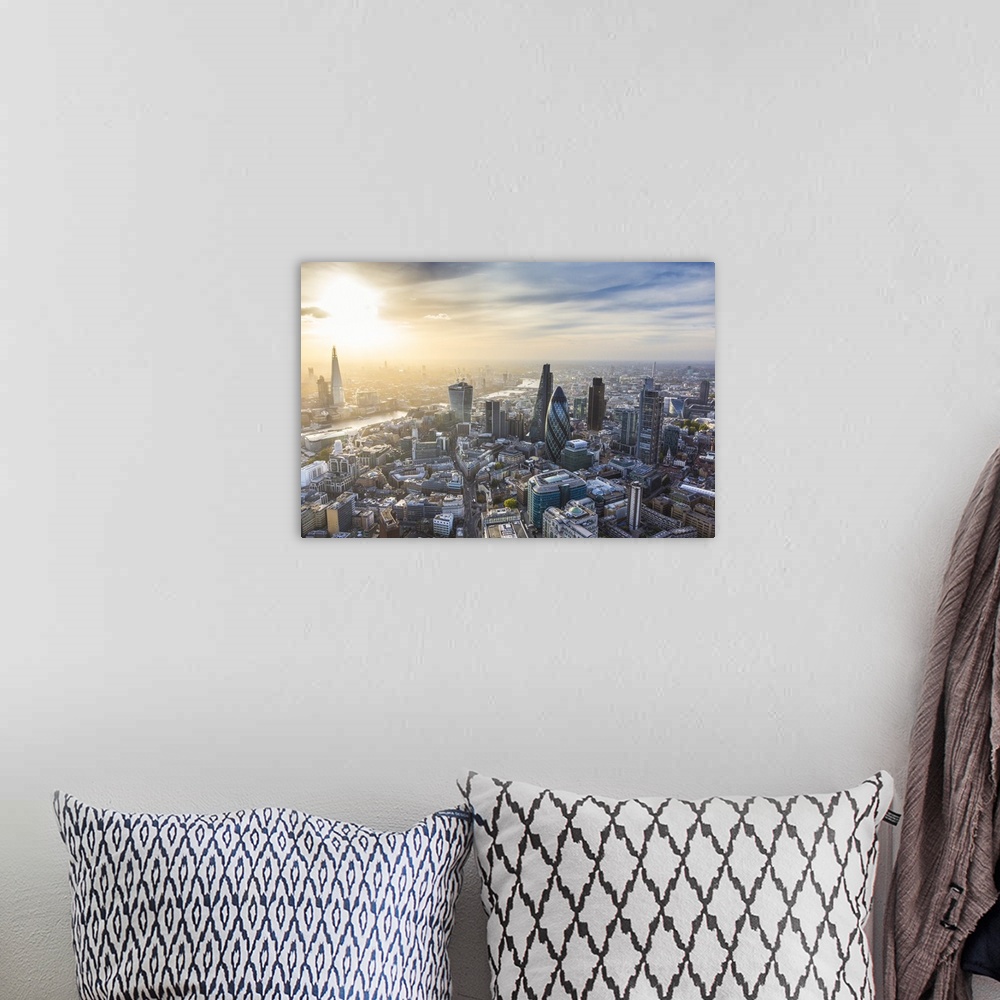 A bohemian room featuring Aerial view from helicopter, The Shard and City of London, London, England