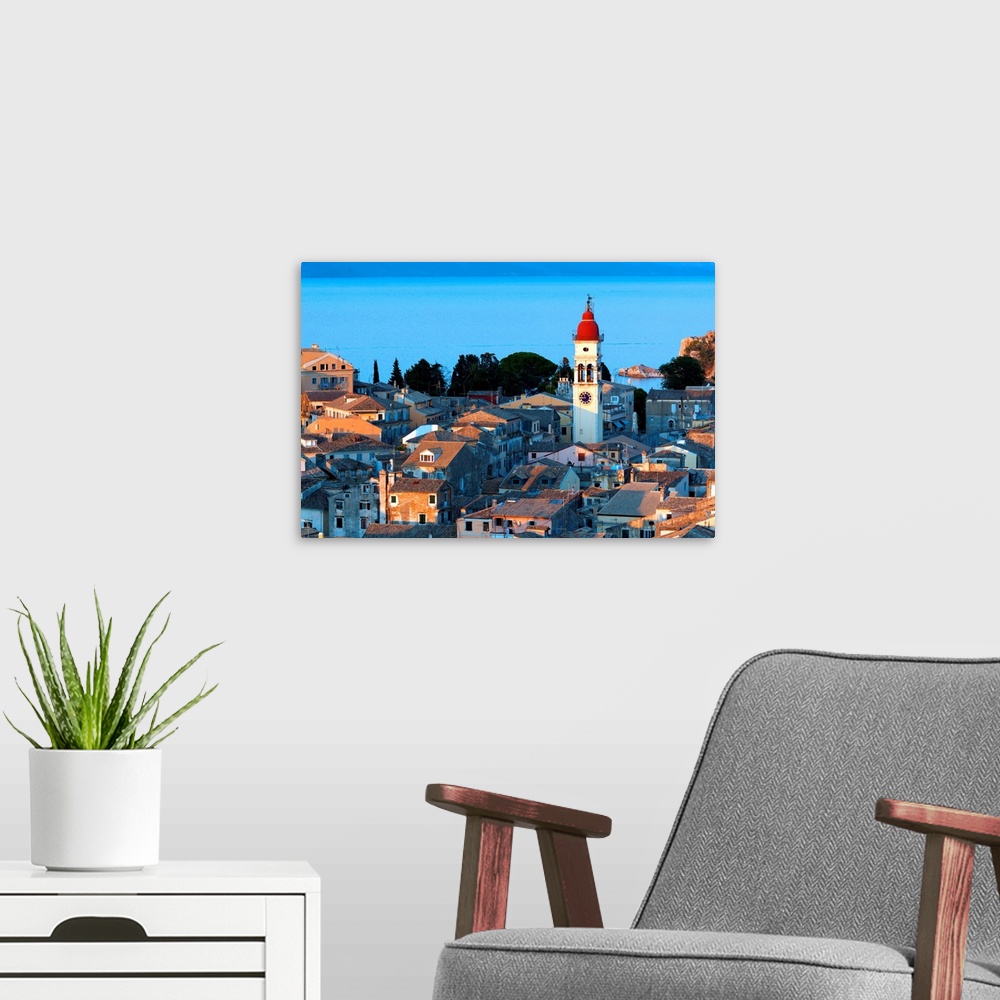 A modern room featuring Aerial view from New fortress on the city with St. Spyridon church before sunset, Kerkyra, Corfu ...