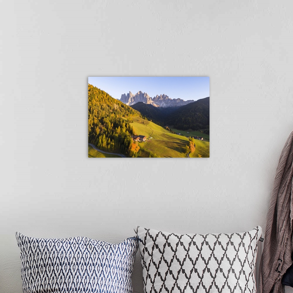 A bohemian room featuring Aerial view of Funes valley at sunset, Dolomites, Italy