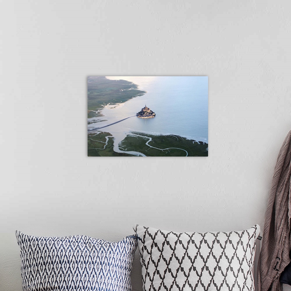 A bohemian room featuring Aerial view of Mont Saint Michel at high tide, Manche, France.