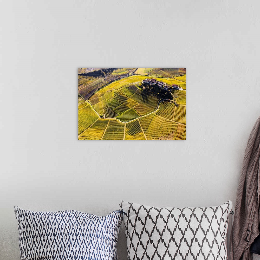 A bohemian room featuring Aerial view of Montestefano village in autumn. Barbaresco region, Piedmont, Italy, Europe.