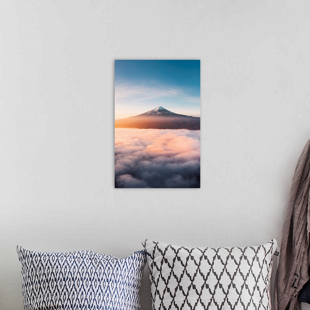A bohemian room featuring Aerial view of Mt Fuji and sea of fog at sunrise, Yamanashi Prefecture, Japan.