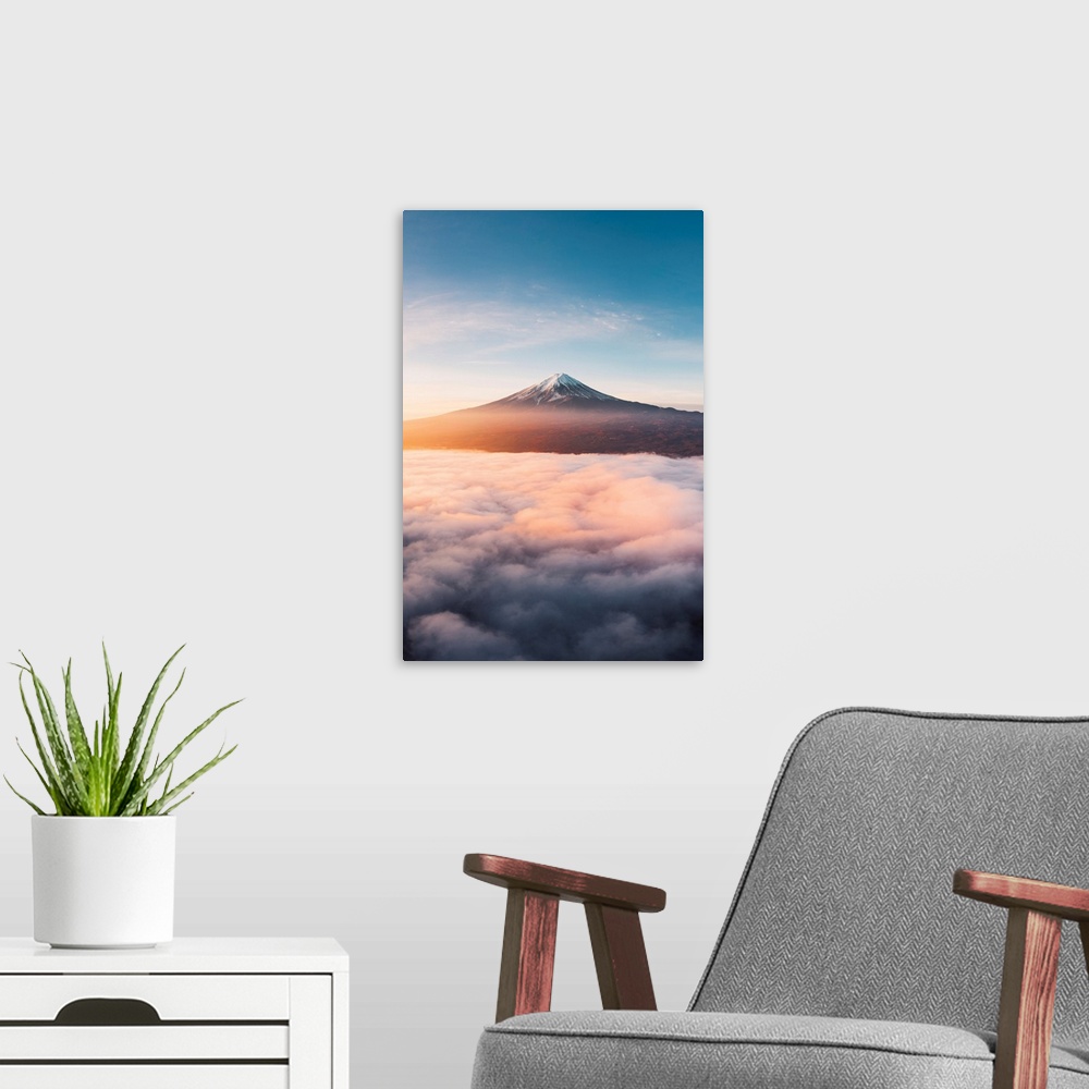 A modern room featuring Aerial view of Mt Fuji and sea of fog at sunrise, Yamanashi Prefecture, Japan.