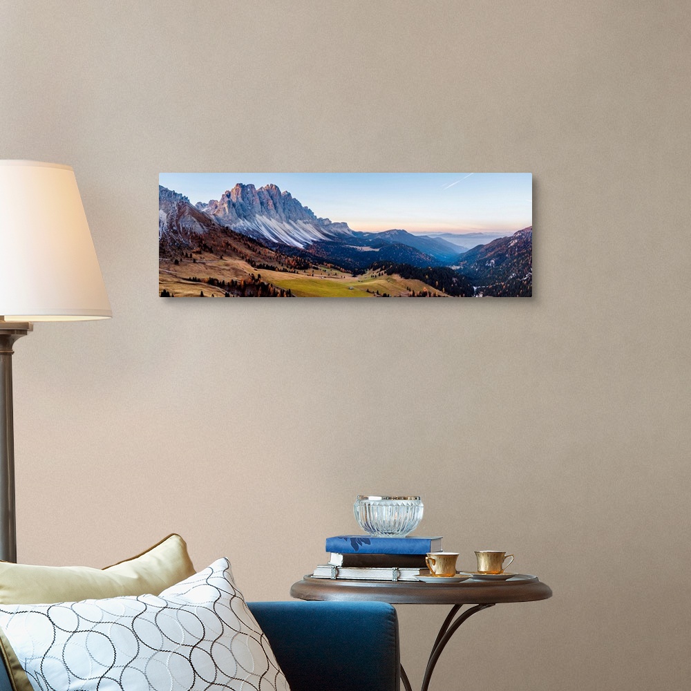 A traditional room featuring Aerial view of Odle peaks (Geisler gruppe) at sunrise, Funes valley, Dolomites, Italy