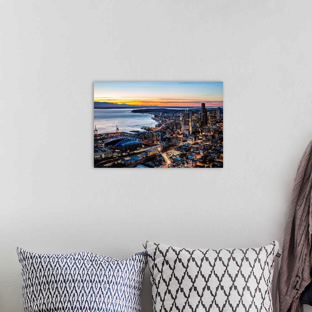A bohemian room featuring Aerial View Of Seattle Downtown Skyline At Dusk, Seattle, Washington, USA