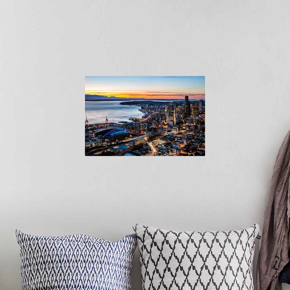 A bohemian room featuring Aerial View Of Seattle Downtown Skyline At Dusk, Seattle, Washington, USA