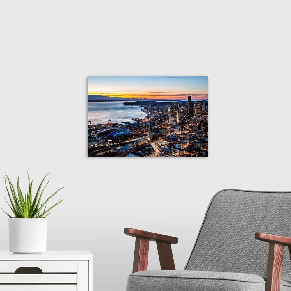 A modern room featuring Aerial View Of Seattle Downtown Skyline At Dusk, Seattle, Washington, USA