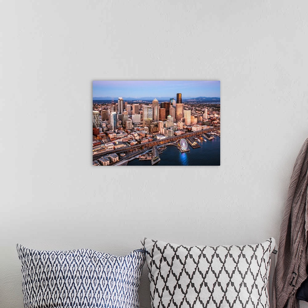 A bohemian room featuring Aerial View Of Seattle Downtown Skyline At Sunset, Seattle, Washington, USA