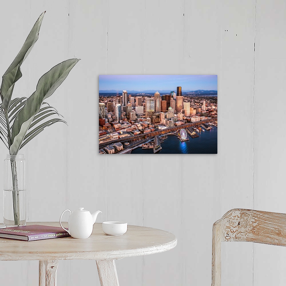 A farmhouse room featuring Aerial View Of Seattle Downtown Skyline At Sunset, Seattle, Washington, USA