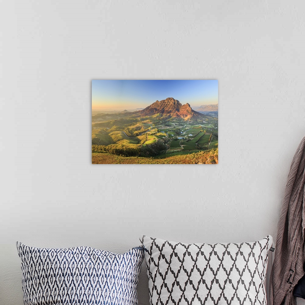 A bohemian room featuring South Africa, Western Cape, Stellenbosch, Aerial view of Simonsberg Mountain range and Stellenbos...