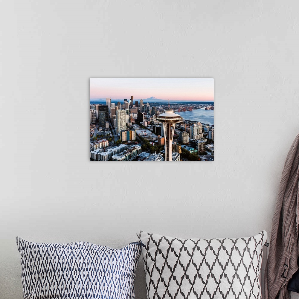 A bohemian room featuring Aerial View Of The Space Needle And Downtown Skyline At Sunset With Mt Rainier In The Background,...
