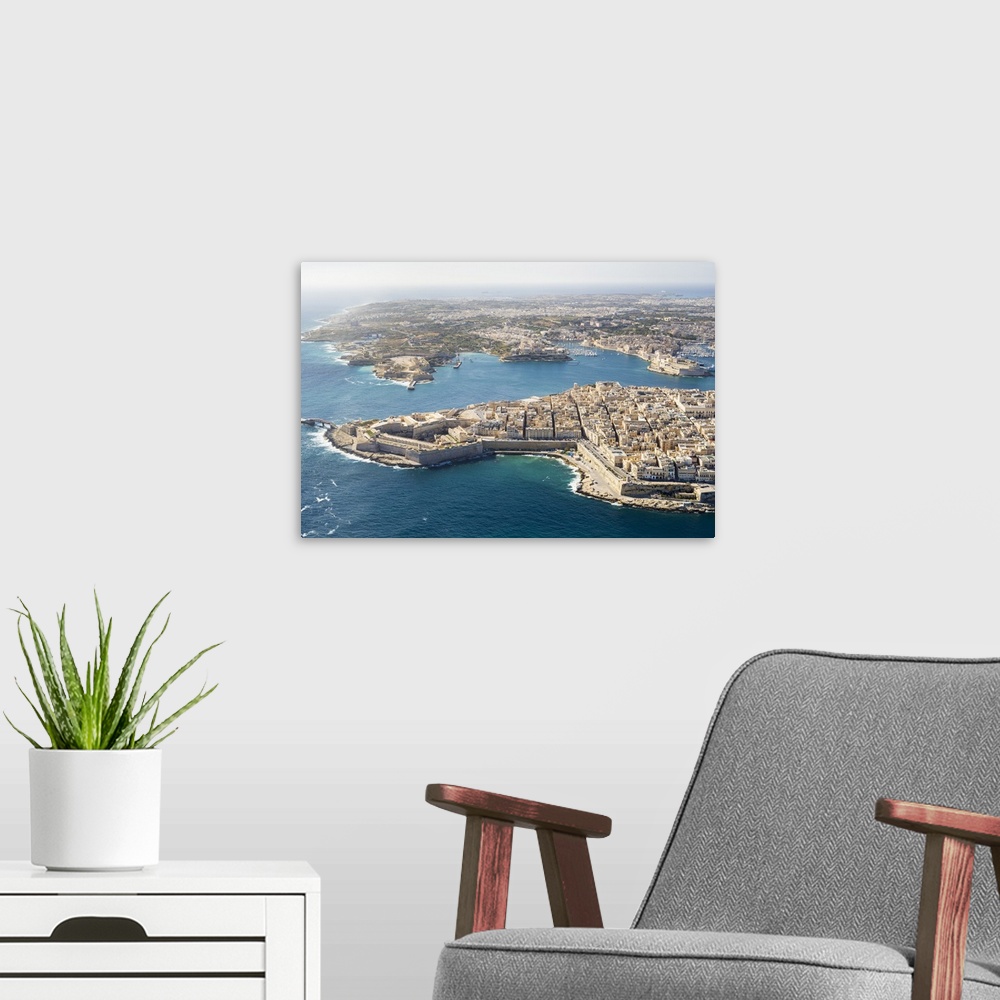 A modern room featuring Malta, South Eastern Region, Valletta. Aerial view of Valletta, Grand Harbour and the Three Cities.