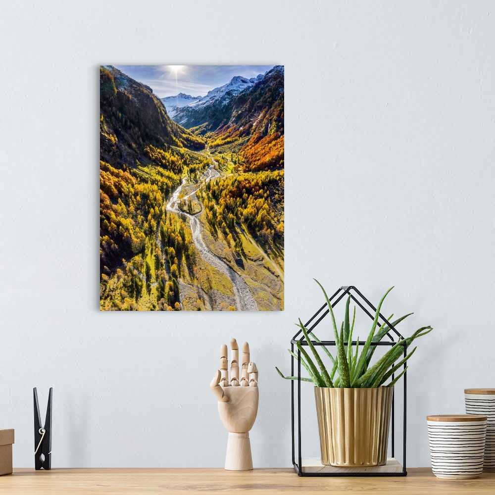 A bohemian room featuring Aerial view of wild torrent in autumn, Val Bodengo (Bodengo valley), Valchiavenna, Valtellina, Lo...