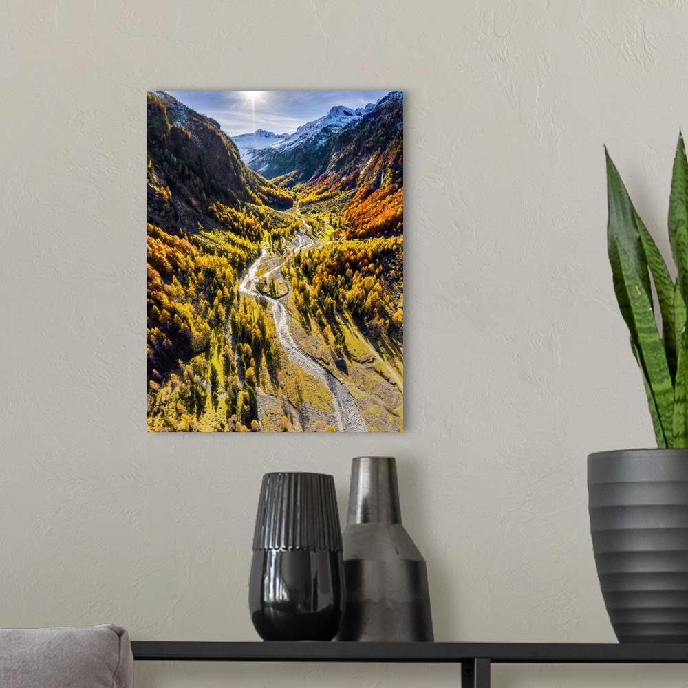 A modern room featuring Aerial view of wild torrent in autumn, Val Bodengo (Bodengo valley), Valchiavenna, Valtellina, Lo...