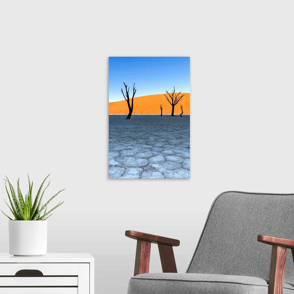 A modern room featuring Africa, Namibia, Deadvlei, Namib desert, dead acacia trees