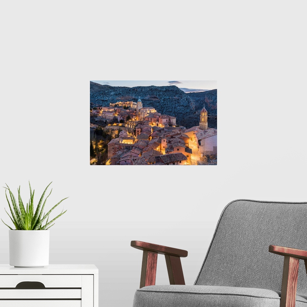 A modern room featuring Albarracin Town At Dusk. Albarracin, Teruel, Aragon, Spain