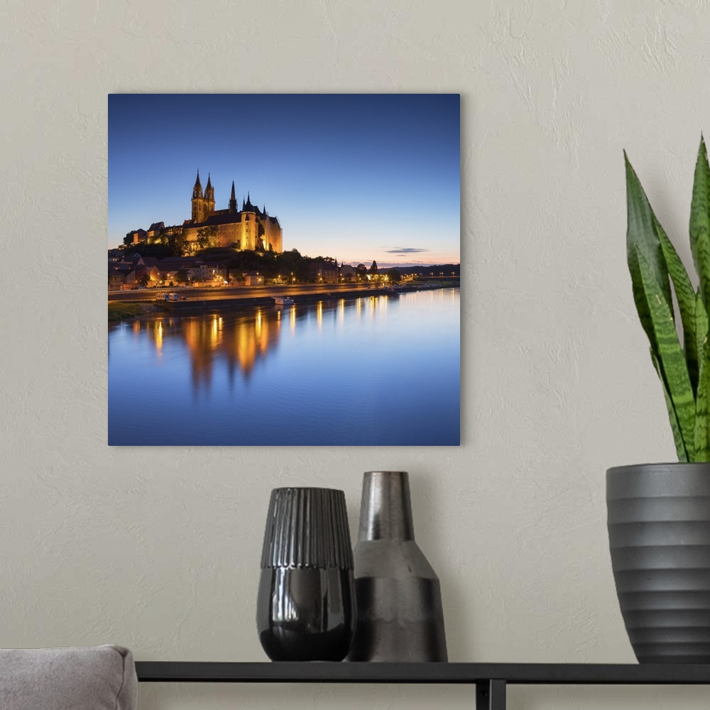A modern room featuring View of Albrechstburg at dusk, Meissen, Saxony, Germany.