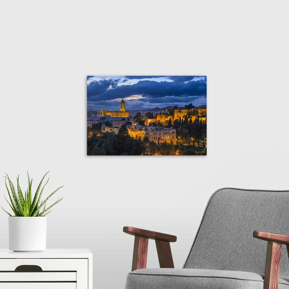 A modern room featuring Alcazaba, Cathedral and City Hall, Malaga City, Andalusia, Spain.
