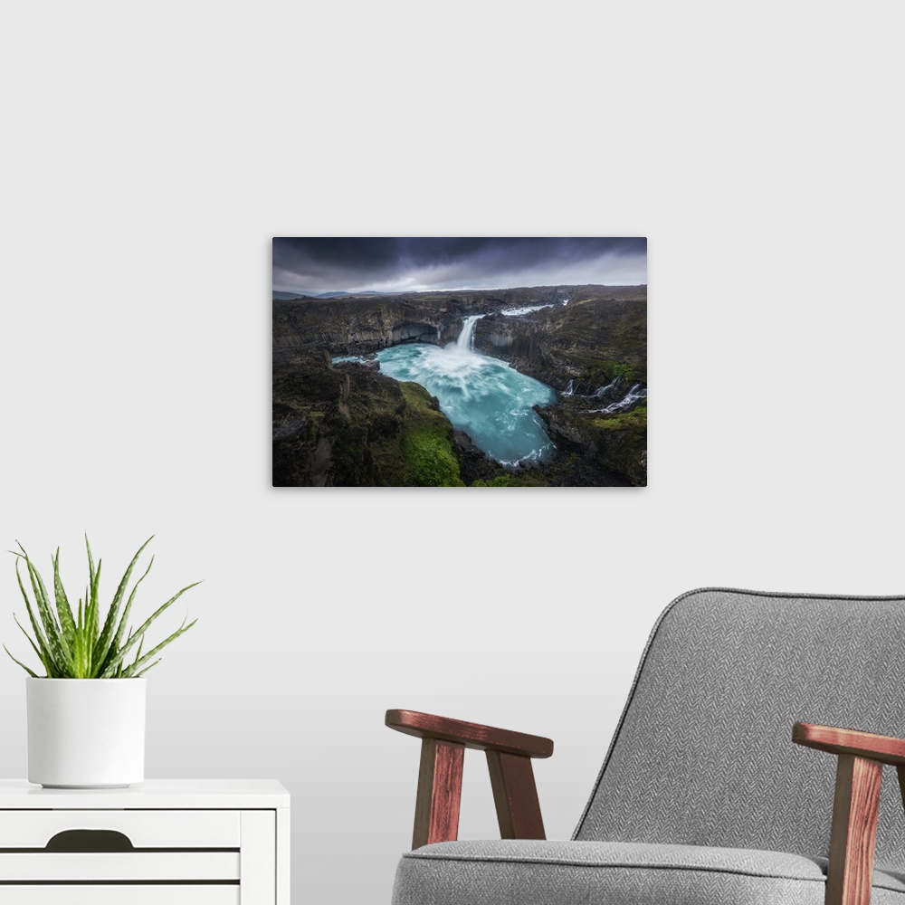 A modern room featuring Aldeyjarfoss waterfall, Iceland
