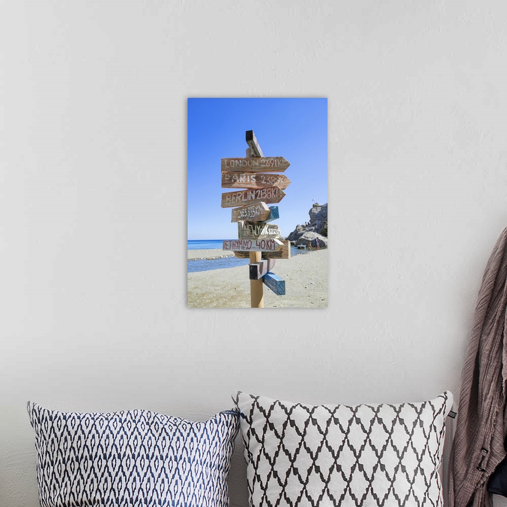 A bohemian room featuring All directions sign post on beach, Preveli beach, Rethymno, Crete, Greek Islands, Greece