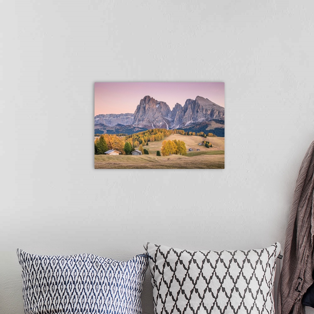 A bohemian room featuring Alpe Di Siusi With Mount Sassolungo And Mount Sassopiatto On Yhe Background, South Tyrol, Italy