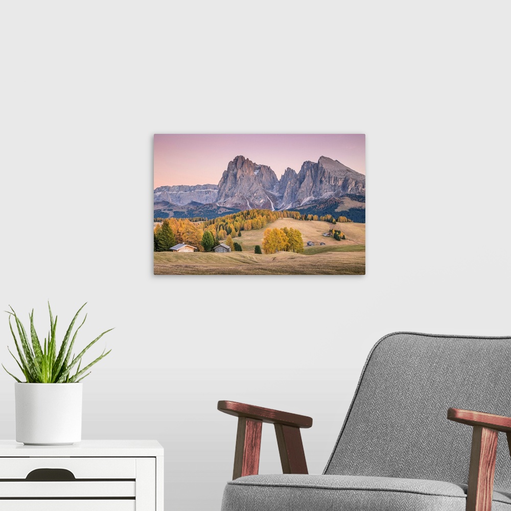 A modern room featuring Alpe Di Siusi With Mount Sassolungo And Mount Sassopiatto On Yhe Background, South Tyrol, Italy
