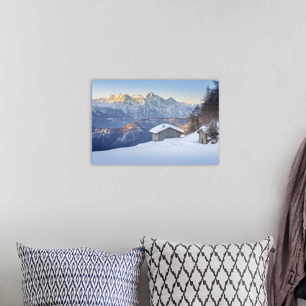 A bohemian room featuring Alpe Pilaz at dawn, La Magdeleine, Valtournenche, Valle d Aosta, Italian alps, Italy