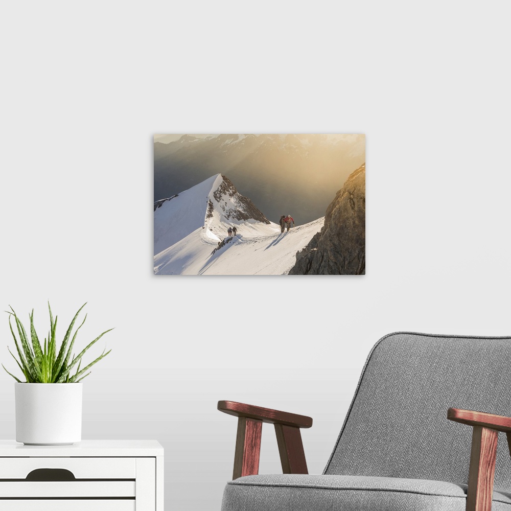 A modern room featuring Alpinists along normal route to Nadelhorn, a 4000 peak in Sass Fe valley. Sass Fe, Valais canton,...