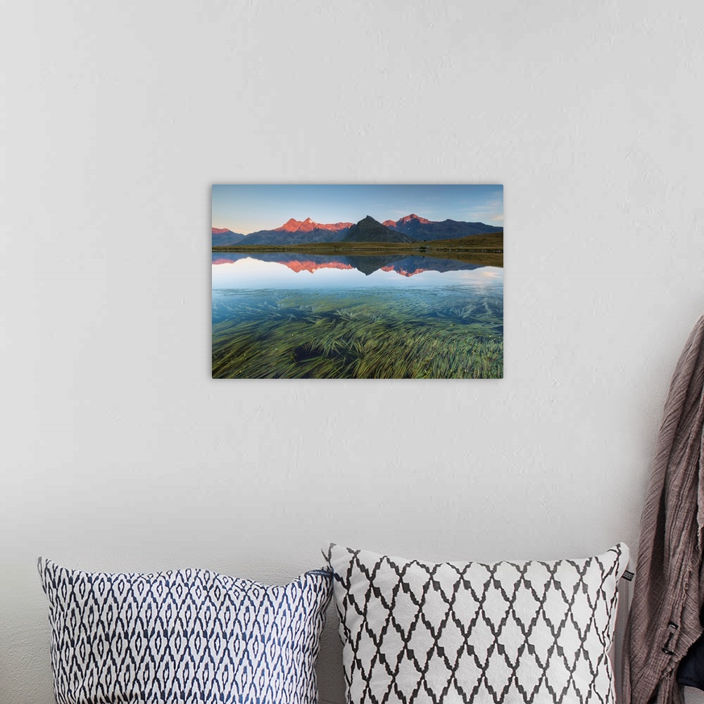 A bohemian room featuring Alps Reflected On Lago Degli Andossi At Sunrise, Spluga Valley, Madesimo, Sondrio Province, Lomba...