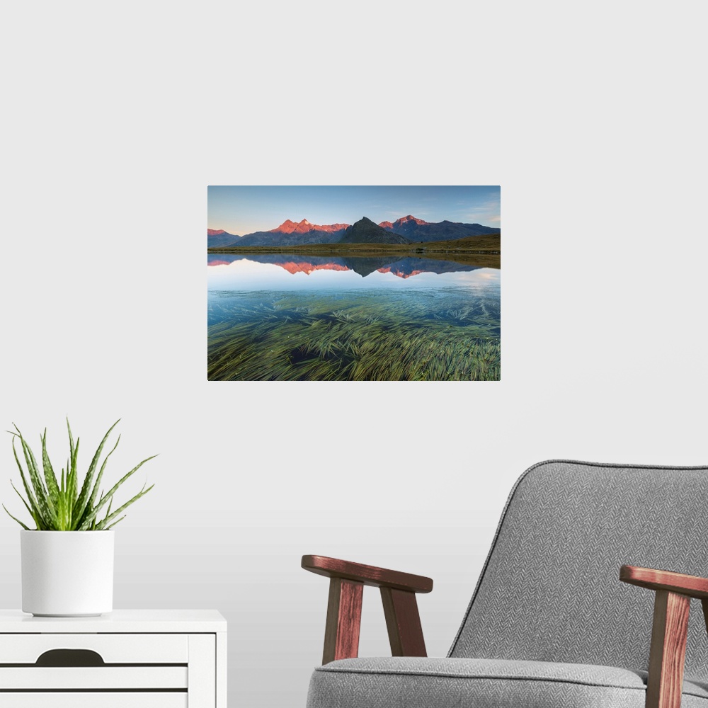 A modern room featuring Alps Reflected On Lago Degli Andossi At Sunrise, Spluga Valley, Madesimo, Sondrio Province, Lomba...