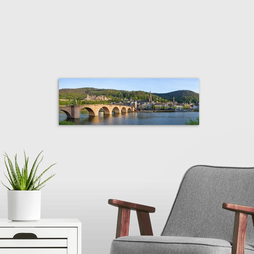 A modern room featuring Germany, Baden-Wurttemberg, Heidelberg. Alte Brucke (old bridge) and Schloss Heidelberg castle on...