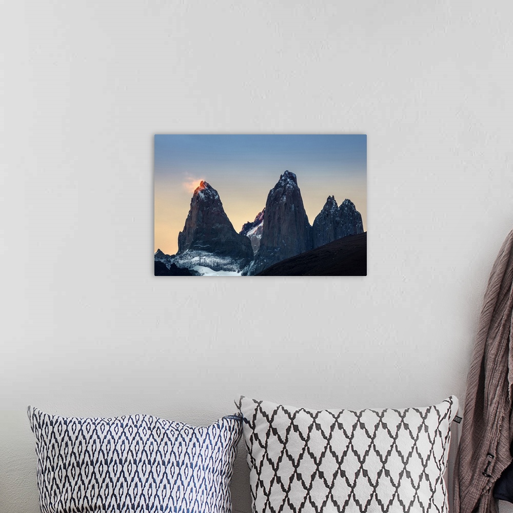 A bohemian room featuring Americas, South America, Chile, Patagonia, the Torres del Paine mountains at sunset in Torres del...