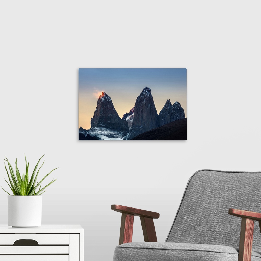A modern room featuring Americas, South America, Chile, Patagonia, the Torres del Paine mountains at sunset in Torres del...