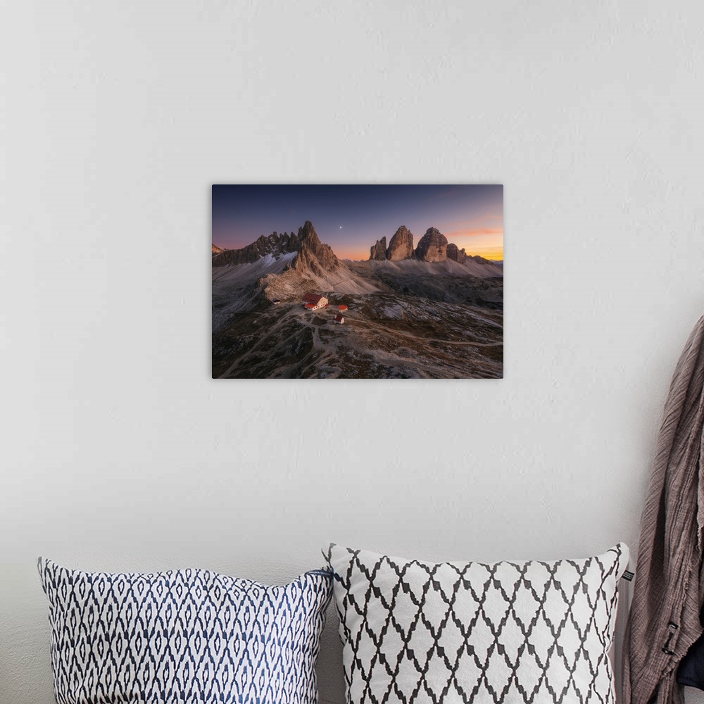 A bohemian room featuring An early autumn sunset over the Locatelli Hut, Monte Paterno and Tre Cime di Lavaredo, Dolomites,...