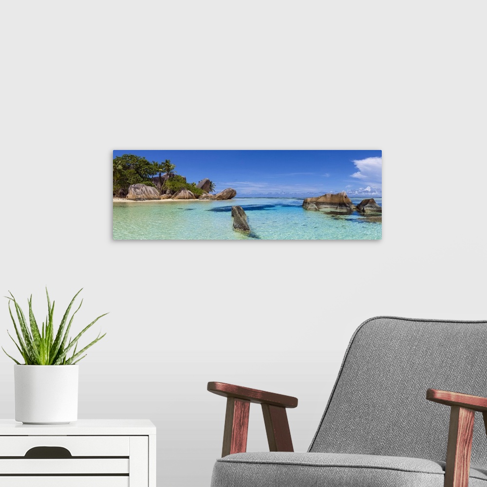 A modern room featuring Anse Source d'Argent beach, La Digue, Seychelles.