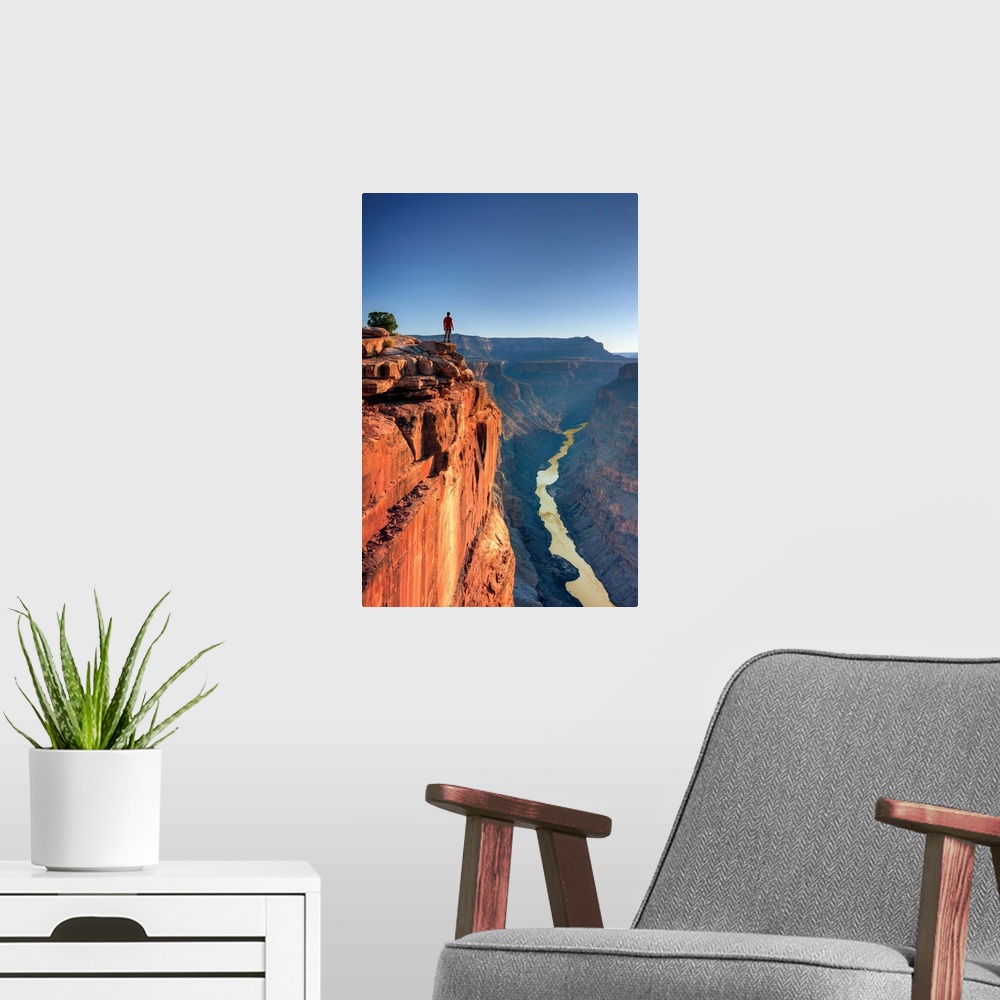 A modern room featuring USA, Arizona, Grand Canyon National Park (North Rim), Toroweap (Tuweep) Overlook, Hiker on cliff ...