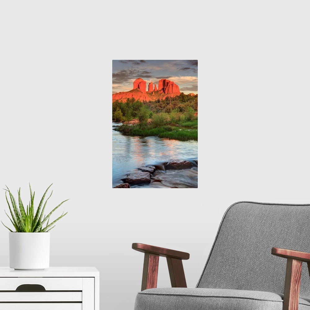 A modern room featuring USA, Arizona, Sedona, Cathedral Rock glowing at sunset