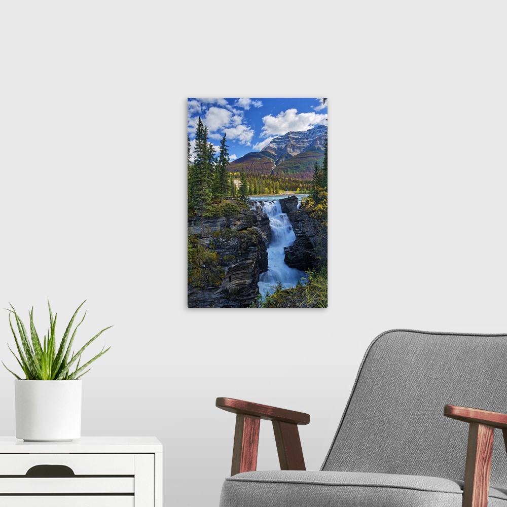 A modern room featuring Athabasca  River at Athabasca Falls, Canadian Rocky Mountains, Jasper National Park, Alberta, Canada