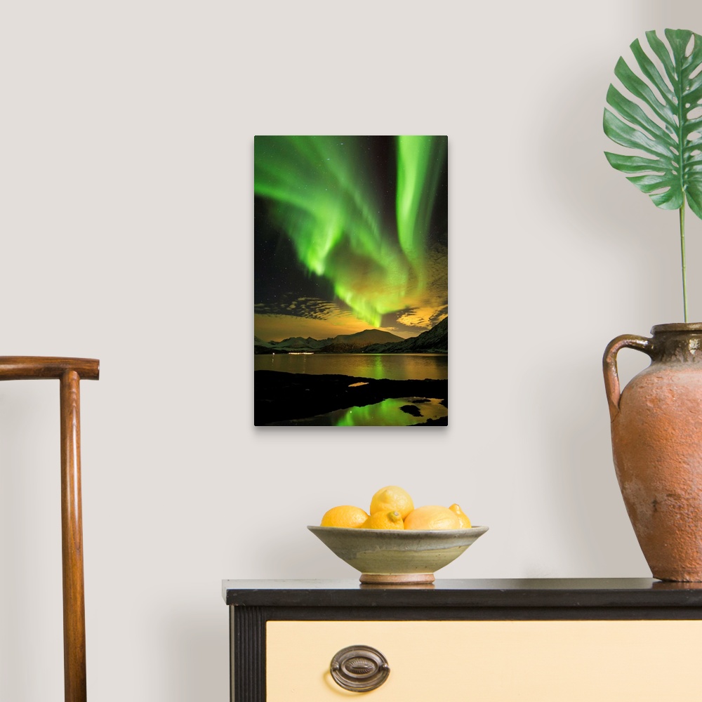 A traditional room featuring Aurora Borealis, Northern Lights, Troms region, Norway