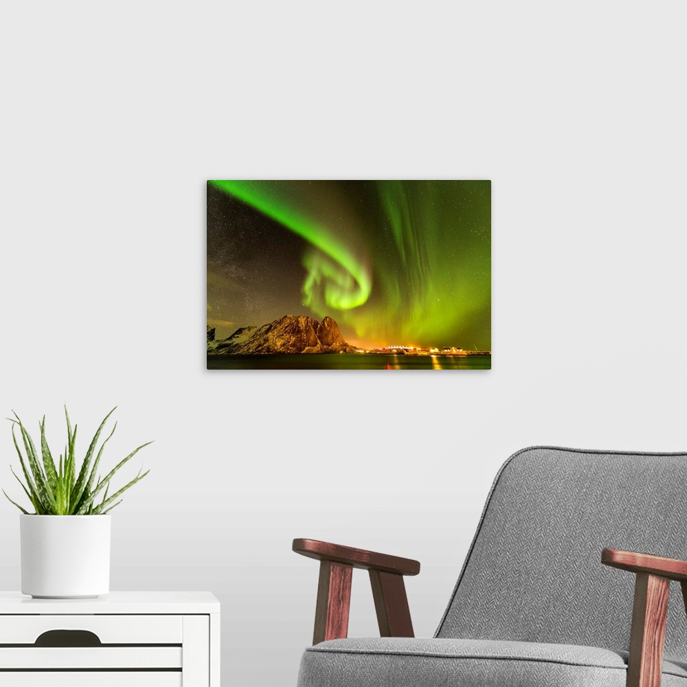 A modern room featuring Aurora Over Mountains, Lofoten Islands, Norway
